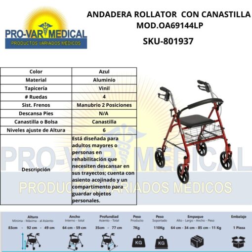 Andadera Rollator con Canastilla 18" H - Image 2