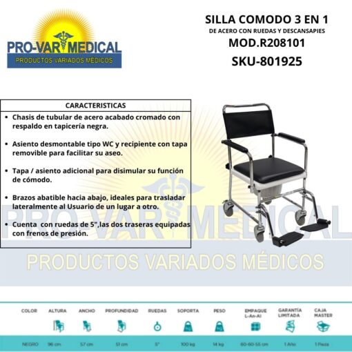 Silla Cómodo 3 en 1 de Acero con Ruedas y Descansapies 18" Reactiv - Image 5